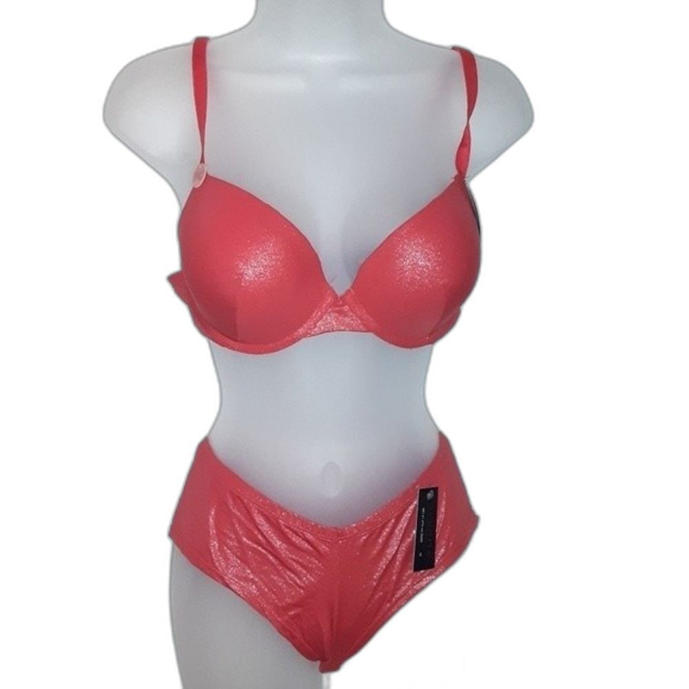 Youmita Red Shimmery 34C Plunge Bra & Medium Hipster NWT